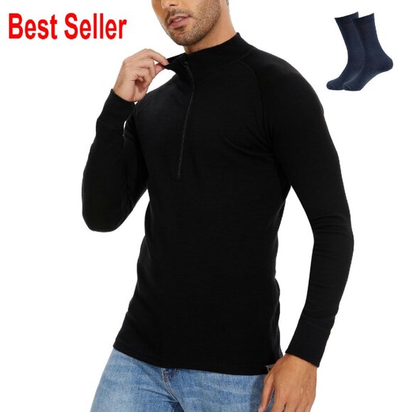 Merino Wool Quarter Zip Base Layer Thermal Shirt Men's Midweight Classic